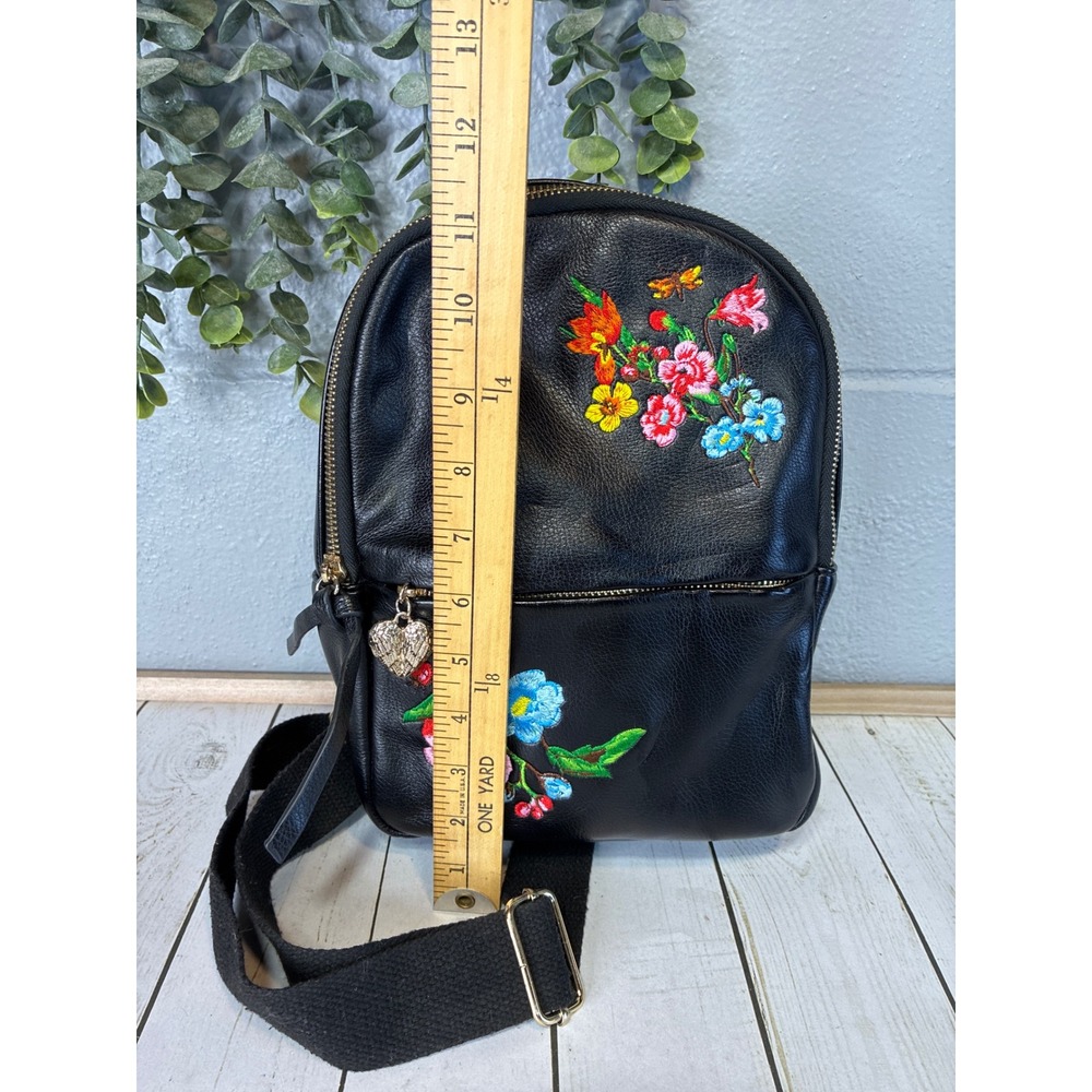 Betsey Johnson Black Floral Embroidered Mini Backpack Sling Bag Pink Lining - Picture 10 of 12
